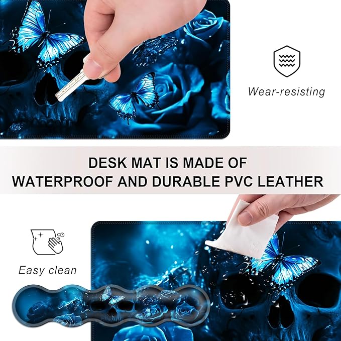 Mouse PadLarge Desk Mat Set 4in1 XL Mousepad + Keyboard Wrist Rest+Mouse Wrist Rest+Coaster with Ergonomic Desk Pad for Home Office Table Computer Cover -Skull with Butterflies and Roses