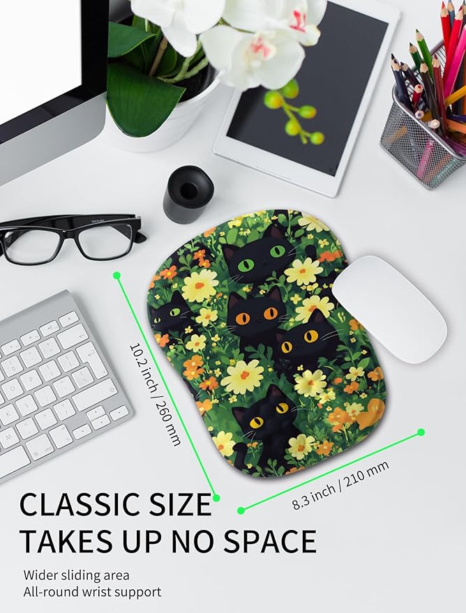 Hokafenle Ergonomic Wrist-Hugging Mouse Pad Wrist Support U-Shaped Holding Wrist Rest Mousepad for Carpal Tunnel Pain Relief with Cushioned Memory Foam Slope Massage Bulge(10.2x8.3 inBig Eyed Cat)