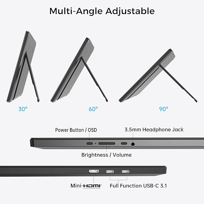 14 Inch Portable Monitor FHD 1920x1200 IPS16:10 Display with Built-in Kickstand USB-C/HDMI Plug and Play Compatible with Laptop PC Mac Mobile PS5 PS4 Xbox Switch
