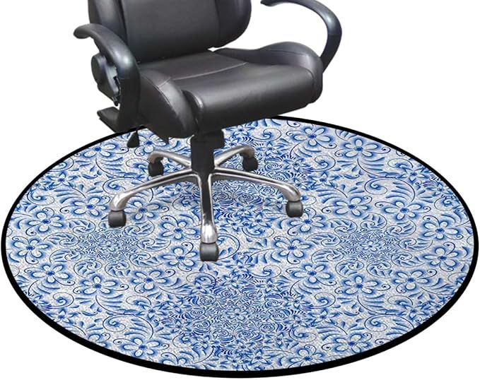 Blue Washable Round Area Rug -Non-Slip Distressed Circle Rug Non-Shedding Entryway Carpet for Bedroom Laundry Kitchen Decor Porcelain Style Traditional Pattern Colors Diameter 51 in