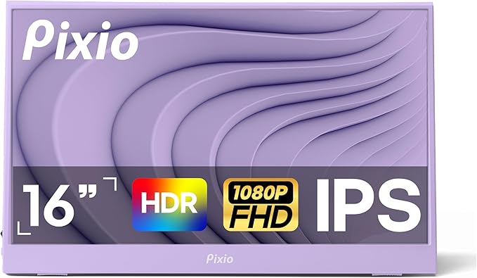 Pixio PX160 Wave Purple Portable Monitor 15.6 inch 60Hz FHD 1080p IPS Panel HDR Screen Cover Stand USB-C HDMI Laptop Screen Extender Portable Monitor for Laptop PC Console Phone