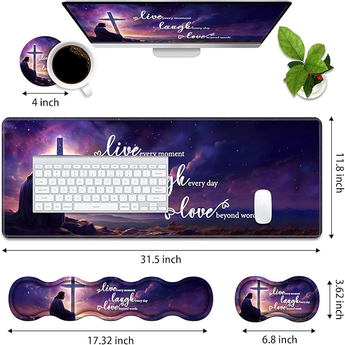 4 in 1 Ergonomic Memory Foam Mouse Pad Wrist Rest Set Large Gaming Desk Pad + Keyboard Wrist Rest + Mouse Wrist Cushion + Coaster for Home Office Study Gaming Christian Cross Quote Live Laugh Love
