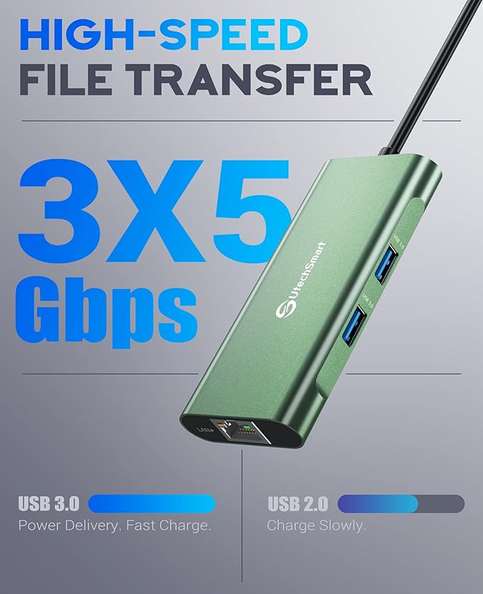 UtechSmart USB C Hub Ethernet Multiport Adapter 6 in 1 USB C to HDMI Dock Compatible for MacBook Pro/Air Chromebook Dell XPS HP and Type C Devices (Gigabit Ethernet 100W PD 4K HDMI USB 3.0) Green