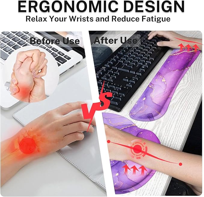 Desk Mat Painting Golden Purple Marble Mouse Pad Set 4-in-1 Large Mousepad+Keyboard Wrist Rest+Mouse Wrist Rest+Coaster with Ergonomic Design Non-Slip Mat