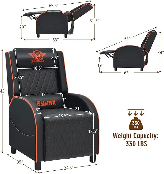 GYMAX Massage Gaming Recliner Chair Ergonomic Racing Style Single Sofa with Adjustable Headrest Backrest &amp Footrest Home Theater Sofa for Living Room Office (Orange)