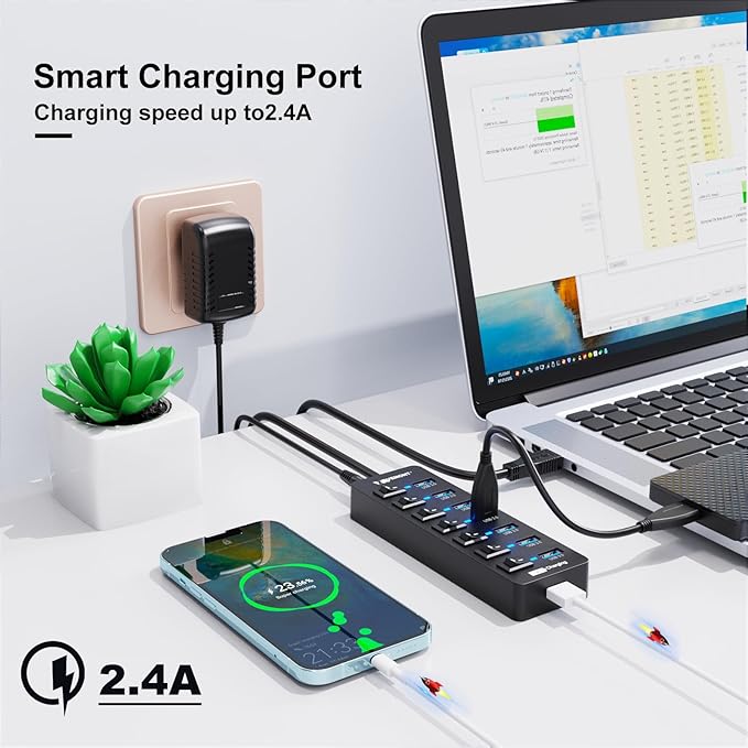 Powered USB Hub 3.0VEMONT 7 Ports Multi USB hubs and 1 USB Smart Charging Port with 5V/3A Power SupplyUSB Extension Splitter with Individual On/Off Switches and 4ft/1.2m Long Cable for PC/Laptop