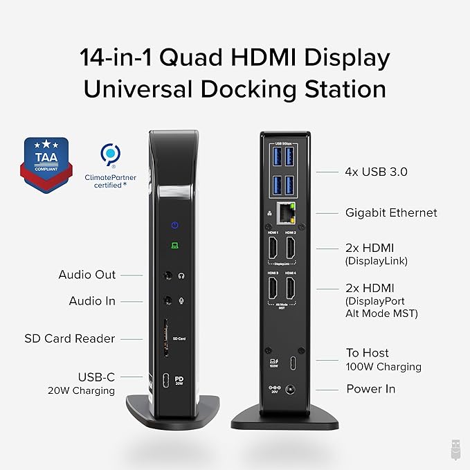 Plugable 14-in-1 USB C Docking Station | 4X HDMI Quad Dock with 100W Charging HDMI Displays | Compatible with Windows Thunderbolt (4X USB 1x USB-C Ethernet SD Card Audio) UD-3900C4