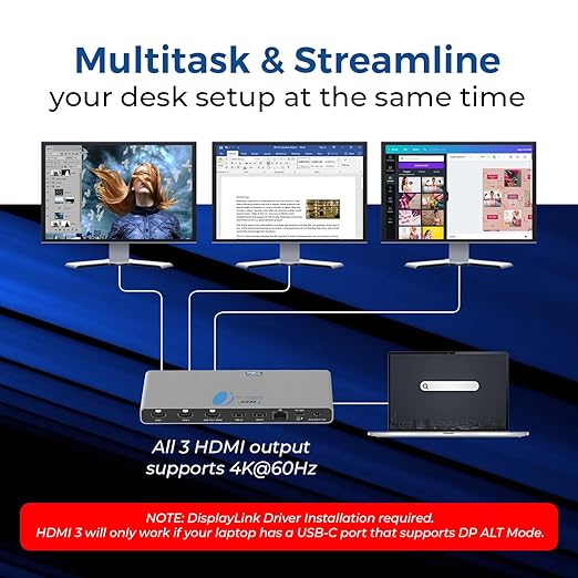 OREI DisplayLink Docking Station 3 Monitors – 3X 4K@60Hz HDMI – 6X USB (4X USB 3.0) Gigabit Ethernet 100W PD AUX – Triple Monitor Docking Station with Win &amp Mac Support