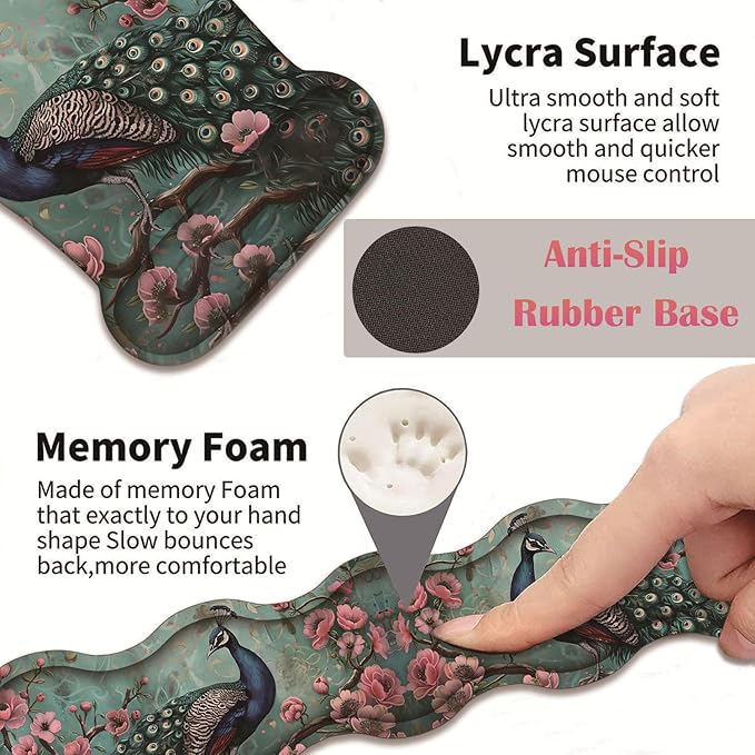 3 in 1 Keyboard Wrist Rest + Mouse Pad and Coaster Ergonomic Gel Mouse Pad and Keyboard Pad Set Comfortable Lightweight for Easy Typing Pain Relie Peacock