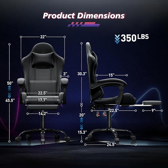 Magshion Gaming Chair Ergonomic Computer Chair with Linkage Armrests Height Adjustable Video Game Chair with Footrest and Headrest for Silla Gamer and Adults 350 Lbs Capacity Black