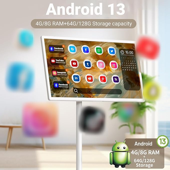 Rolling Swivel Portable Smart Screen 21.5 24 27 32 1080p/4K Touchscreen Monitor for Car RV Office Presentation(4+64gb24IN)