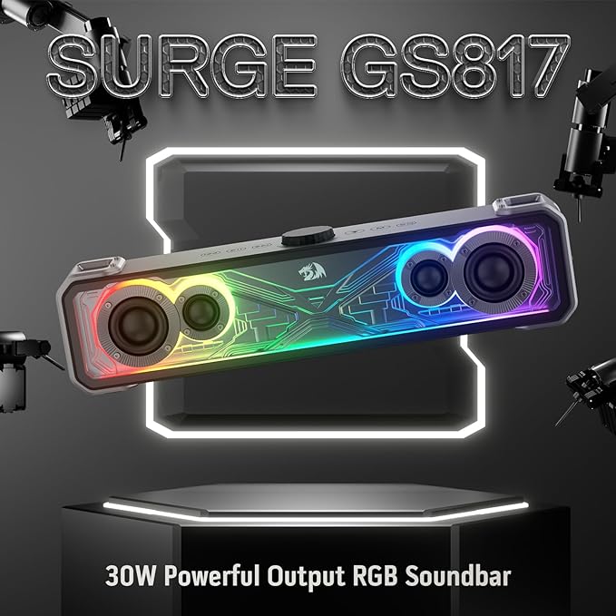 Redragon GS817 RGB Desktop Soundbar 2.0 Channel Stereo Speakers for Desktop w/Massive 30W Max Power Touch-Control Bluetooth 5.3 &amp 3.5mm AUX Inputs Black