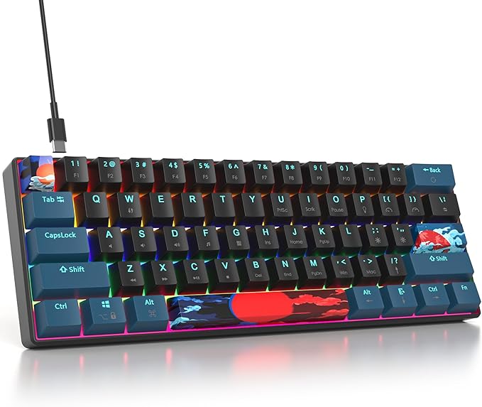 surmen 60% Mechanical Gaming Keyboard with Linear Red Switch Wired Mini Compact Keyboard 60 Percent Backlit for Laptop Desktop PC Gamers（61 Monster B-Rainbow）