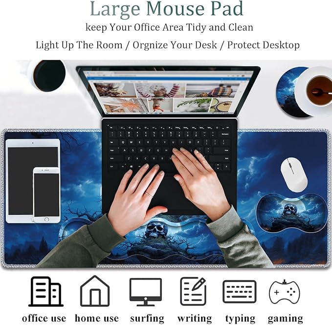 4 in 1 Mouse Pad Combo Large Gaming Mouse Pad + Keyboard Wrist Support + Mouse Wrist Rest + Coaster Table Pad 31.5 x 11.8 with Memory Foam Ergonomic Wrist Pad Set Blue Skull Moon