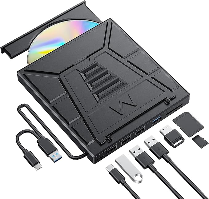 9-in-1 External CD/DVD Drive with Phone Holder USB 3.0 &amp Type-C Portable DVD±RW/CD Burner Plug and Play Optical Drive Compatible with Laptop PC Desktop Windows 11/10/8/7 Mac Linux