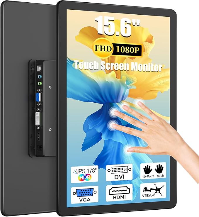 MAGEX 15.6 Touchscreen Monitor HDMI VGA DVI FHD 1080p IPS Rp Pi Touch Screen Monitor 10-Point Touch Display with Remote Control Speakers VESA Touch Screen for PC Pi POS Kiosk Industrial