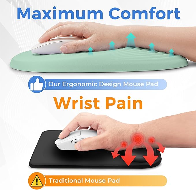 Ergonomic Mouse Pad with Wrist Support Memory Foam Wrist Rest for Pain Relief &amp Carpal Tunnel Non-Slip Base for Office Computer PC Laptop (12x8x1.2inch Light Green)