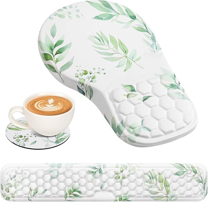 EYROZILL 3 in 1 Ergonomic Mouse Pad and Keyboard Wrist Rest Cute Mouse Pad with Wrist Support Massage Design Non-Slip Wrist Pad for Mouse Desk Mouse Set (Green Plant)