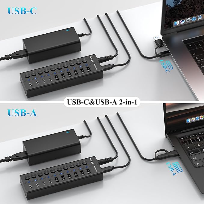 Powered USB Hub 10-Port USB C Hub with 6 USB-A 3.2 4 USB-C 3.2 Ports Individual Switches and 12V/5A Power Adapter Aluminum USB Extension for MacBook Laptop/PC and More(Black)