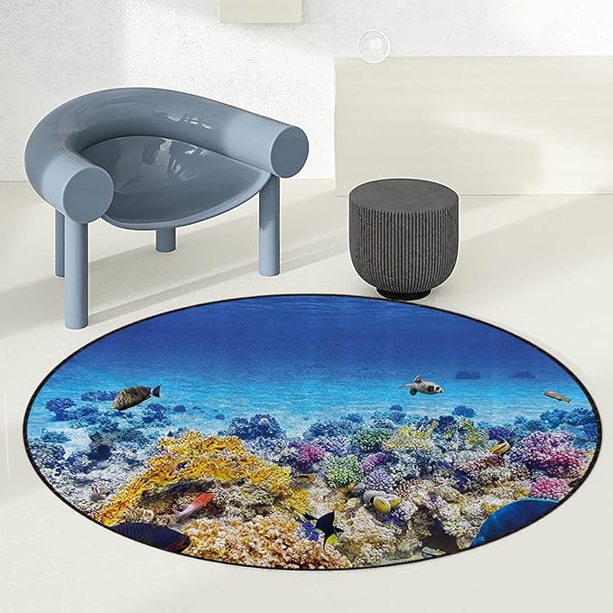 Turquoise Carpeted Floor Anti-Slip Floor Protector Gaming Computer Chair Mat for Office Gaming Underwater Sea World Scene with Goldfish Room Round Chair Mat Ocean Decor Diameter 48 in