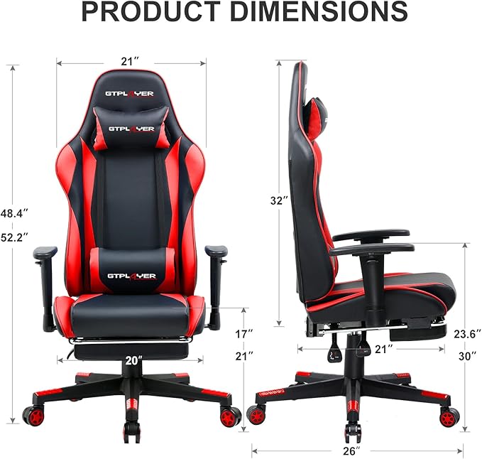 GTPLAYER Gaming Chair with Footrest Ergonomic Computer Game Desk Chair Reclining Gamer Chair Seat Height Adjustment Swivel Rocker with Headrest and Lumbar (Brickred)
