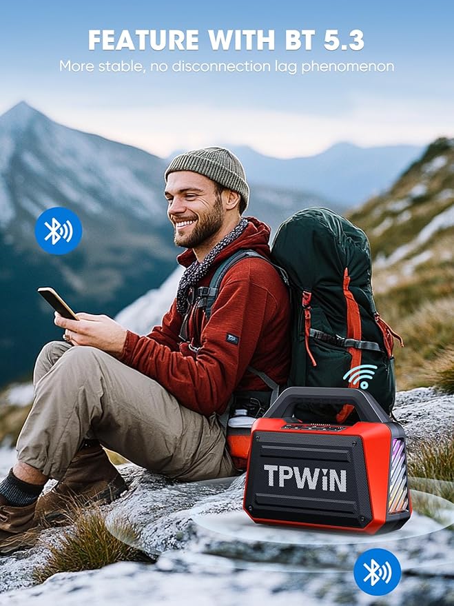 Portable Bluetooth Speakers - Wireless Speaker 80W Peak Loud Speaker with Light Strong Bass BT 5.3 TWS IPX6 Waterproof 20H Playtime for Home Party Outdoor Beach Camping - Red