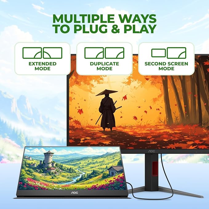 AOC 16T20 Portable Monitor 15.6 FHD 1080p IPS Display USB-C x2 Mini HDMI Built-in Speakers Travel Monitor with Smart Cover Compatible with Laptops MacBook Gaming Console Ready
