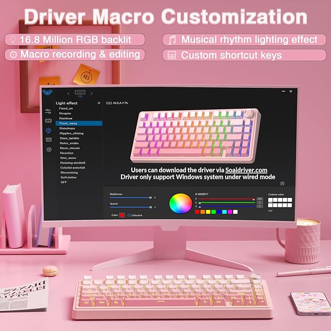 AULA F75 Pro Wireless Mechanical Keyboard Silent Version75% Hot Swappable Custom Keyboard with KnobRGB BacklitPre-lubed SwitchesSide Printed PBT Keycaps2.4GHz/USB-C/BT5.0 PC Gaming KeyboardsPink
