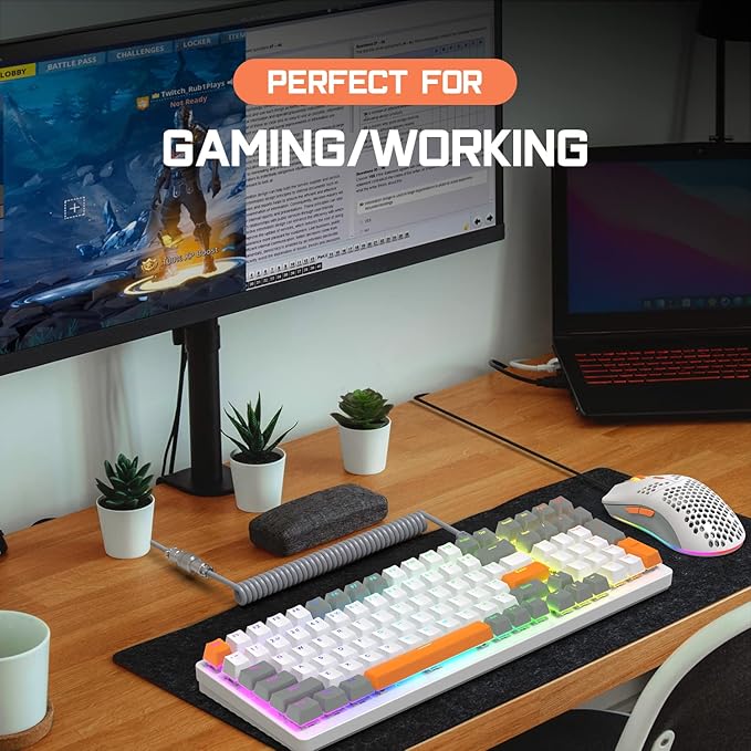 ZIYOULANG K3 Mechanical Gaming Keyboard and Mouse Combo - 98Key RGB Backlit Blue Switch Ultra-Light Honeycomb Shell Mouse Compact Design Wired Coiled Cable for PC/Mac/Windows (White)