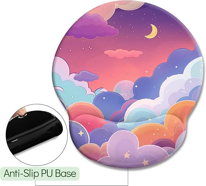 Kawaii Purple Cloud Mouse Pad with Wrist Rest Ergonomic Mouse Pad Wrist Support with Non-Slip Pain Relief PU Base Large Computer Mousepad Purple Office Desk Accessories Decor Supplies