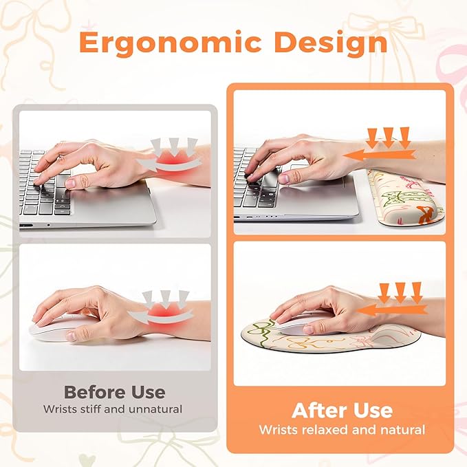 iLeadon Desk Protector Mat Non Slip Long Mouse Pad and Keyboard Wrist Rest Carpal Tunnel Mouse Pad and Computer Wrist Support Soft Ergonomic Keyboard Pad with Wrist Support for Women Office (Bow)