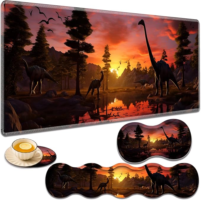 Gaming Mouse Pad Set Large Gaming Mouse Pad+Keyboard Wrist Rest+Mouse Wrist Rest+Coaster Easy Typing Pain Relief 31.5 × 11.8 inch Desk Mat for Home Office - Dinosaur Forest at Sunset