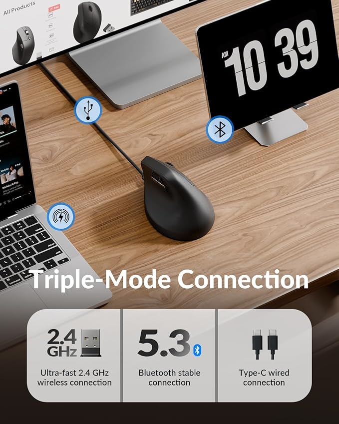 Keychron M5 8K Vertical Ergonomic Mouse Wireless 2.4 GHz/Bluetooth 5.3/Wired Computer Mice Rechargeable 5 Levels Up to 30K DPI with Programmable Buttons for Laptop macOS/Windows - Black