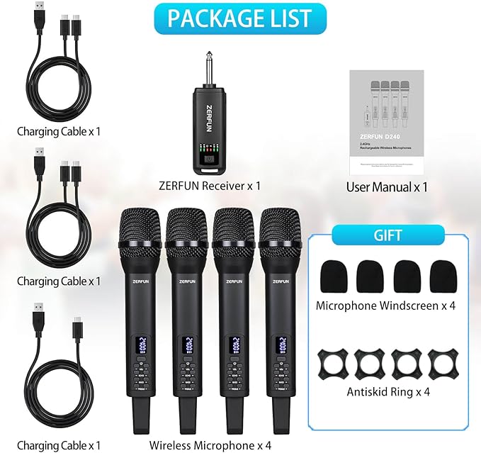 Rechargeable Wireless Microphones 4 Pro Handheld Cordless Mics System Dynamic with Echo Treble BASS VOL Control for Karaoke Singing Church Party 1/4'' Output D240 Black
