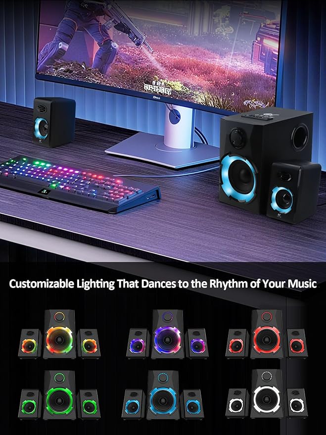 OROW Computer Speakers40W PC Speakers with SubwooferGaming Speakers with BassAC PoweredSupport Bluetooth&ampSD&ampUSB Play 2.1 Multimedia Speakers System with RGB LightGreat for TV/Projector/P