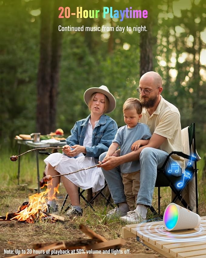 Portable Bluetooth Speaker Wireless with 9 Color Lights 20H Playtime Stereo Pairing Deep Bass IPX6 Waterproof Bluetooth 5.3 Small Speaker for Home Party Outdoor Camping Beach Gift