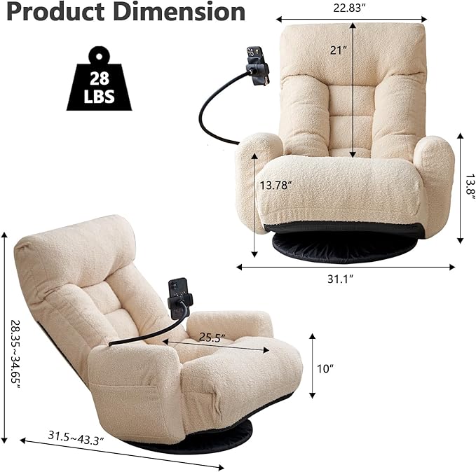 360° Swivel Gaming Floor Chair Adjustable 3-Position Folding Sofa Chair with Armrests &amp Phone Holder Cushioned Indoor Chaise Lounge Rocker for Teens &amp Adults (Beige)