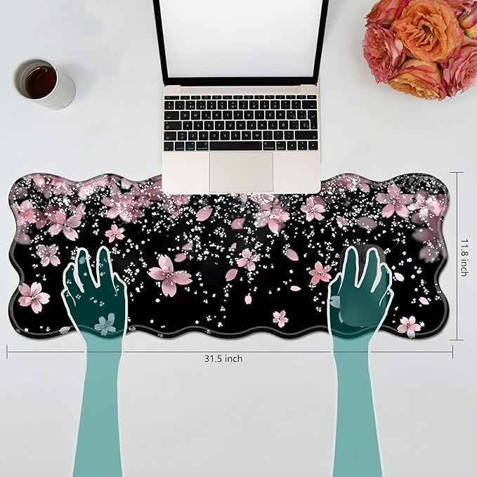 Cherry Blossoms Glittery Desk Mat Mouse Pad 31.5 x11.8 XL Extended Mousepad Huge Mouse Pads with Stitched Edges Desk Pad for Work Game Office Home