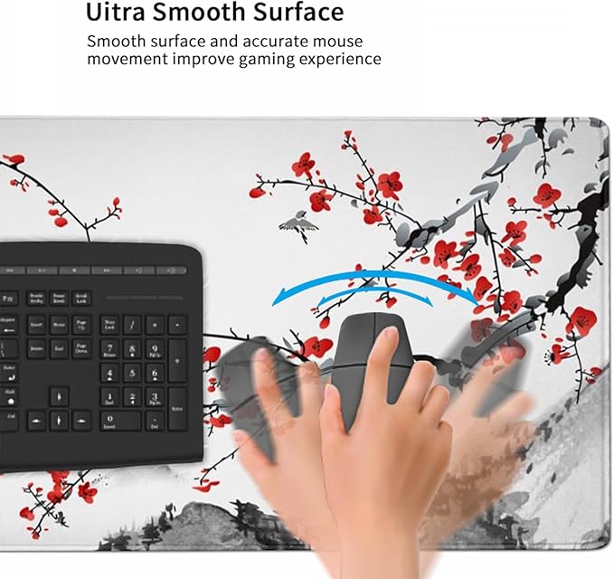 AQQA Extended Gaming Mouse Pad Cherry Blossoms Japanese XXXXL Full Desk Mousepad 48 x 24 Non Slip Desk Mat with Stitched Edge Computer Keyboard Mat for Office