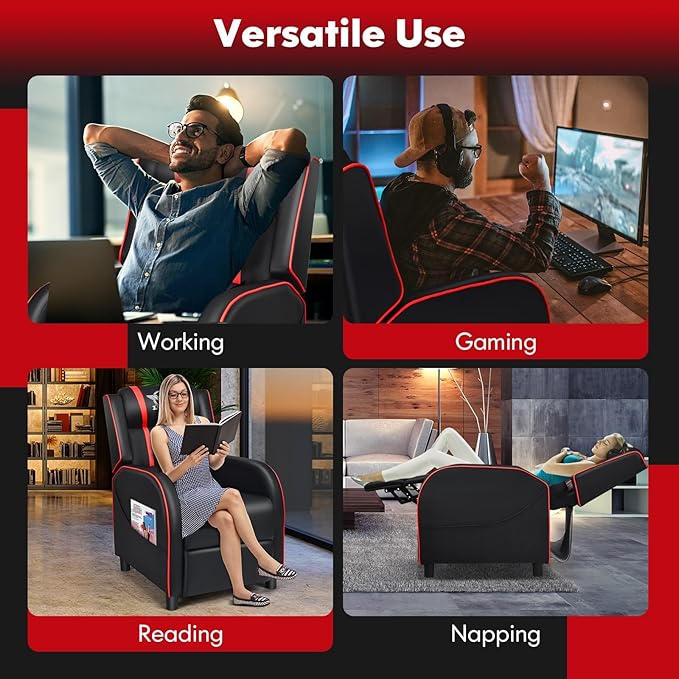 GYMAX Gaming Recliner Massage Gaming Chair with Adjustable Footrest Remote Control &amp Side Pocket Ergonomic Game Lounge Chair Racing Style Single Theater Seat Game Sofa for Adults (Red)