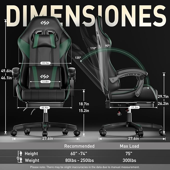 HLDIRECT Gaming Chair Ergonomic Computer Office Chair with Lumbar Support Footrest Headrest PU Leather 360° Swivel Adjustable Height Metal Frame 200 lbs Capacity (Black&ampGreen)