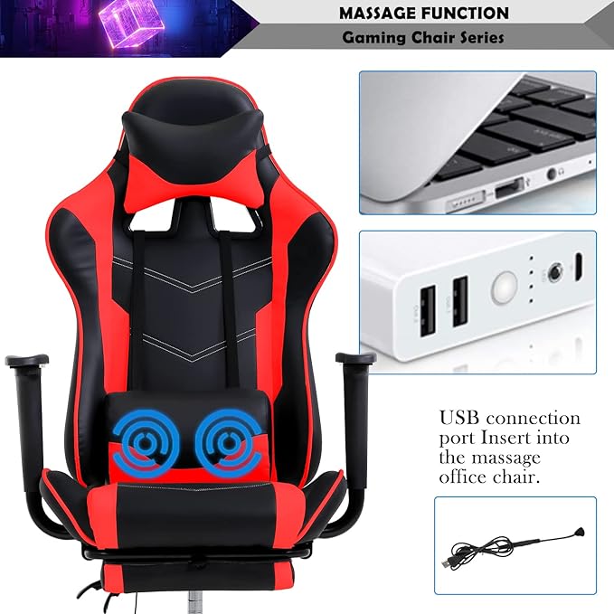 High Back Gamer Chair Adjustable Computer Gaming Chair Leather Lumbar Support Chair with Headrest and Footrest Ergonomic Rolling Office Desk Chair Game Chair for Adults Teens Kids Men Women Red