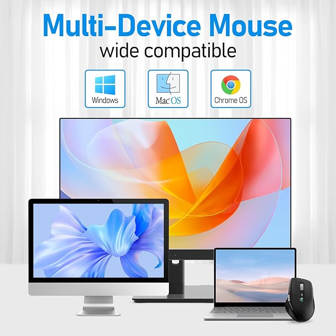 Wireless Bluetooth Side Scroll Mouse with Multi-Device Ergonomic Computer Mice with Smart Flying Scroll Quiet Click 4-Level DPI for Computer Laptop iPad Tablet MacBook (Black)
