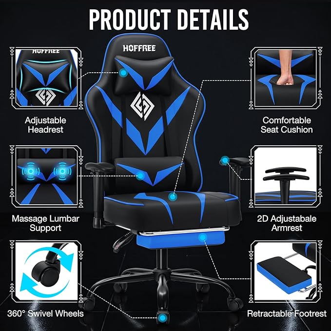 Gaming Chair with Massage Pocket Spring Cushion 155° Reclining Gaming Chair with Footrest and Adjustable Armrests Ergonomic Video Game Chairs Blue and Black