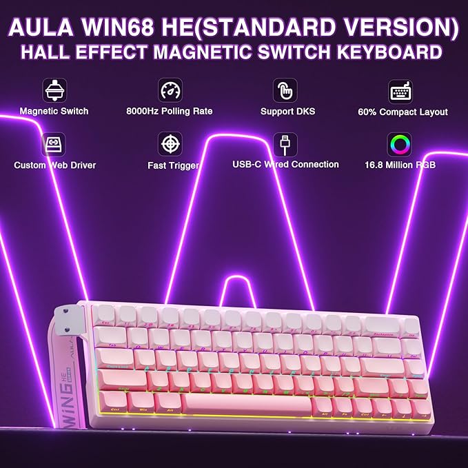 AULA WIN68 HE Mechanical Gaming Keyboard 60% Hall Effect Magnetic Switch Fast Trigger Mode Adjustable Actuation 8000Hz Polling Rate RGB Backlit Wired Pink Keyboard for Laptop/PC Gamer