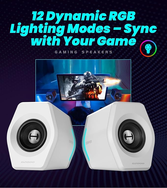 Edifier G2000 RGB Gaming Speakers 32W Peak Power Compact Design for PC/PS4/Desktop Bluetooth 5.1 3.5mm AUX Game/Movie/Music Modes 12 RGB Lighting Effects - White