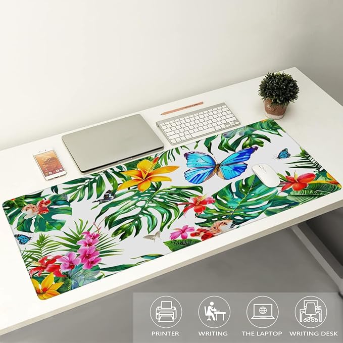 Tropical Palm Butterfly Large Mouse Pad Gaming Mousepad Desk Mat for Desktop Computer Keyboard Waterproof Mouse Mat Desk Pad with Non-Slip Base for Game School Office Home 35.4 x 15.7