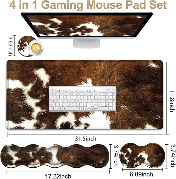 Gaming Mouse Pad XXL Large Desk Cute Mat Brown Cowhide Extended Mousepad Ergonomic Memory Foam Keyboard Wrist Rest Stitched Edges Desk Pad(31.5x11.8 in) Extended Large Mousepads