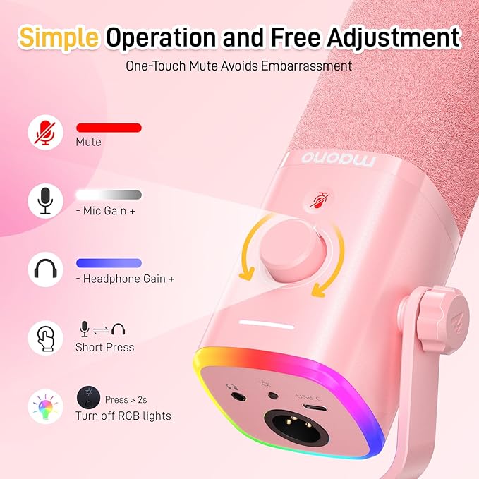 MAONO USB/XLR Podcasting Microphone for PC Gaming Streaming Dynamic Mic with Mute Button RGB Desktop StandComputer Mic for Video Studio Recording-PD100XPink