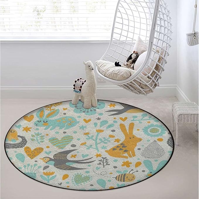 Modern Art Round Office Chair Mat Computer Gaming Chair Rolling Mats Printed Protector Mats Machine Washable Office Desk Chair Mat Natural Wildlife CompositionCream Orange Diameter 60 in